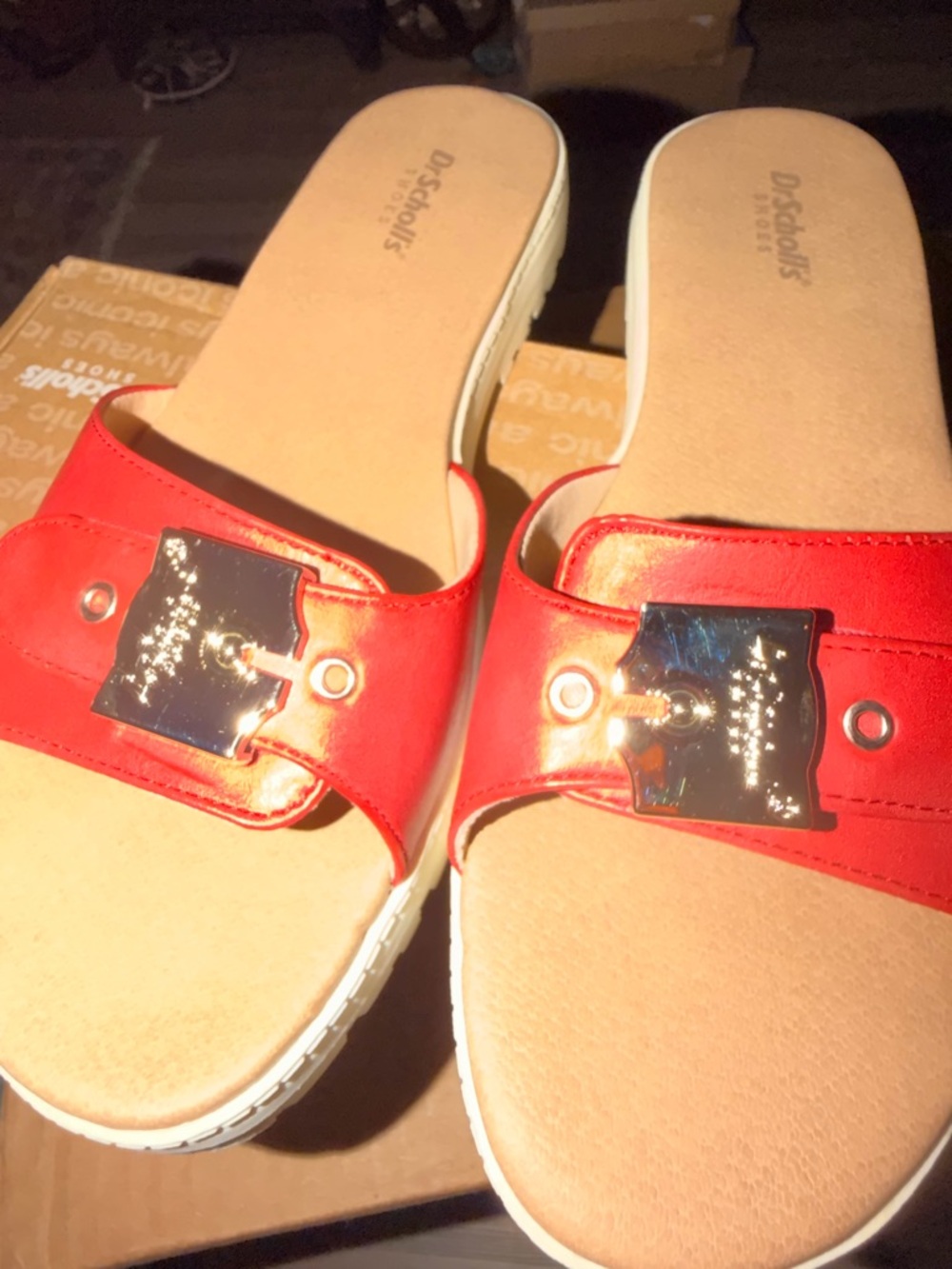 Dr. Scholl's Red Slide Sandals with Gold Buckle